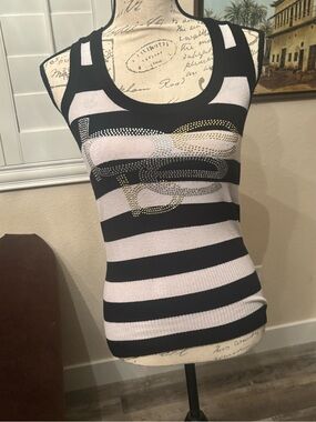bebe Black and White Striped Tank with Rhinestone Detail